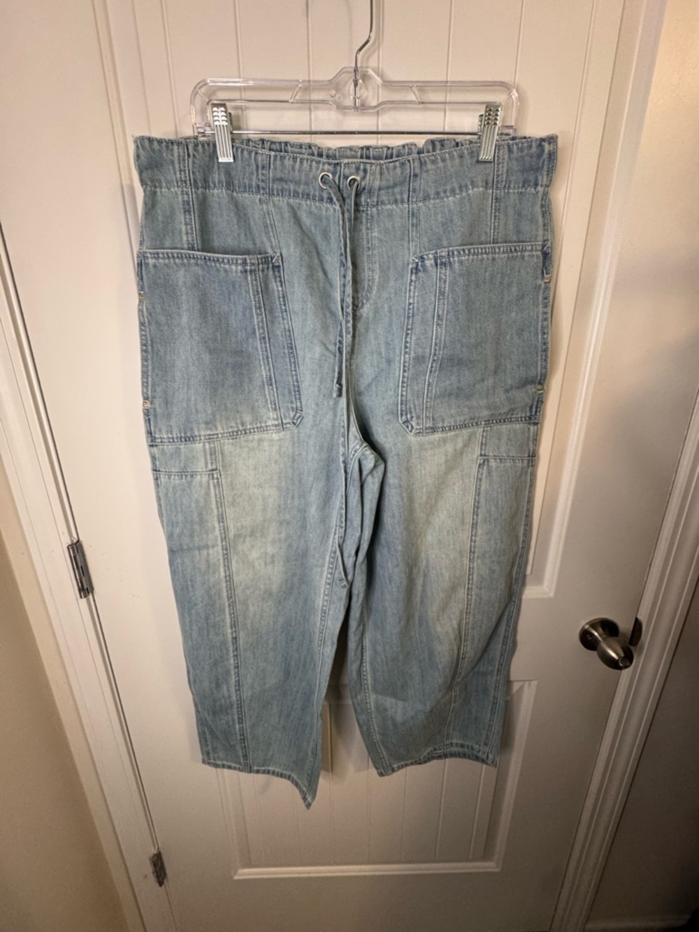 ee:some Wide Leg Denim Cargo Pants Light Blue Snow Wash Utility - Picture 2 of 5